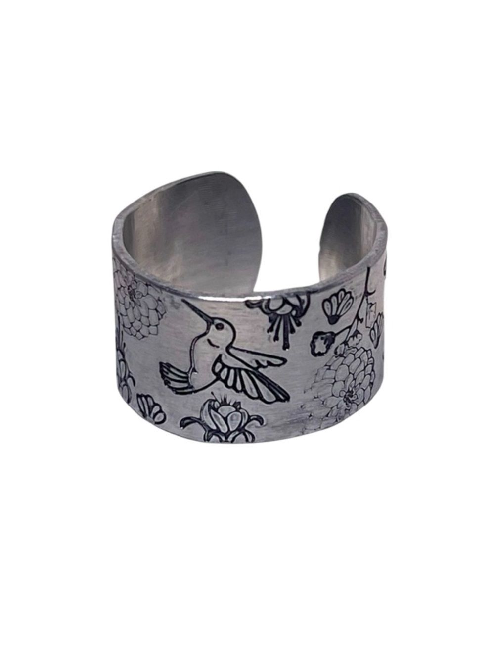 Handmade 8 stamped hummingbird‎ floral  hypoallergenic silver wide cuff ring